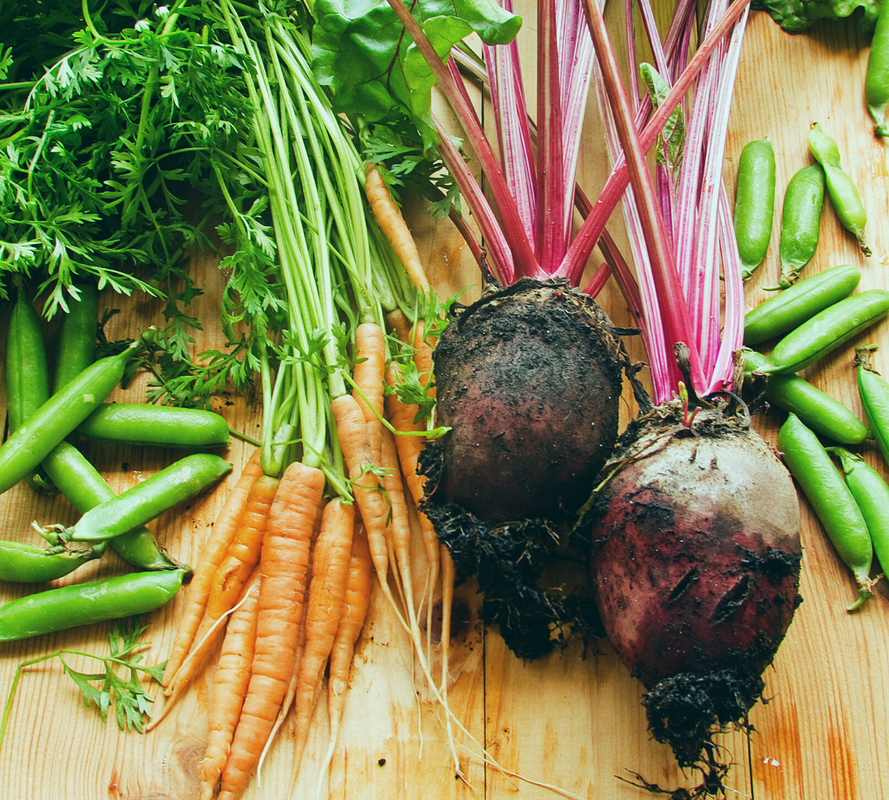 fall vegetables on a table: carrots, peas, beets and more