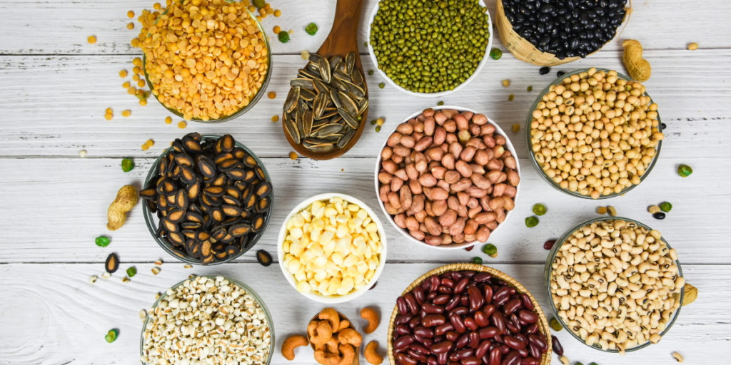 Assorted beans and legumes, including kidney beans, chickpeas, lentils, and black beans.